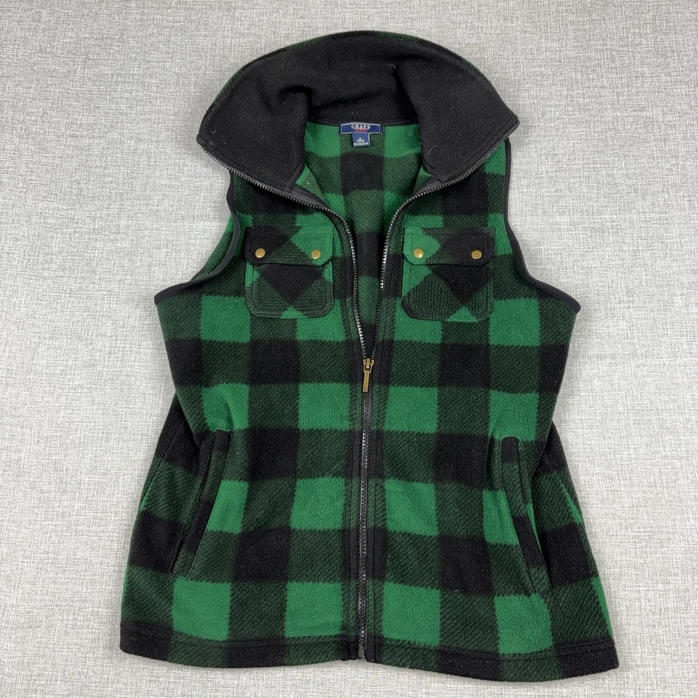 Chaps Vest Mens Small Green Black Plaid Fleece Full Zip Stand Collar Outdoor